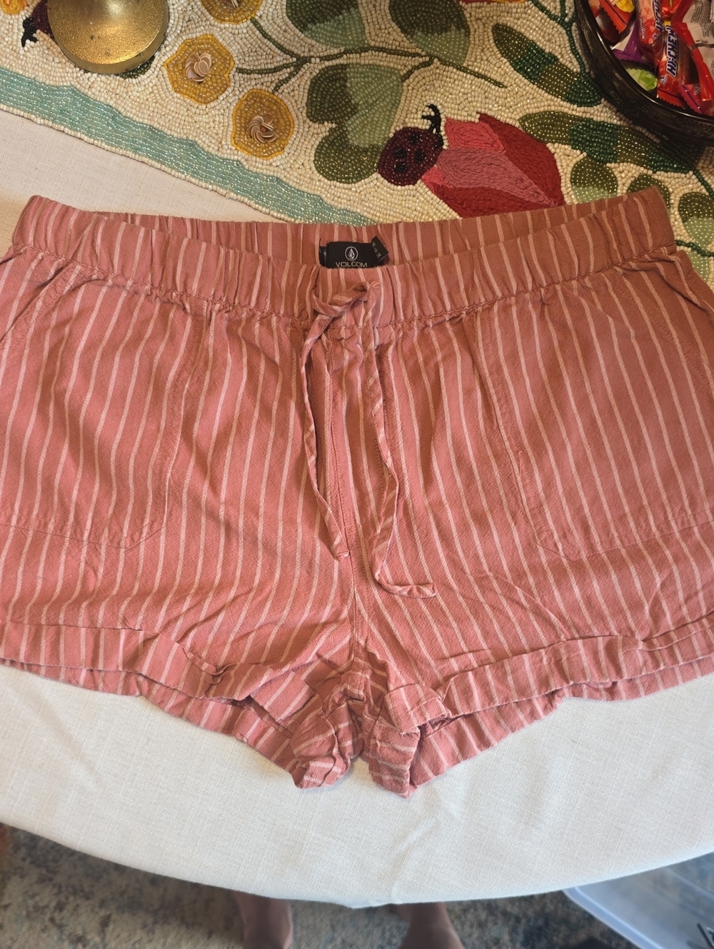 Volcom Rose Pink Striped Drawstring Lounge Shorts
